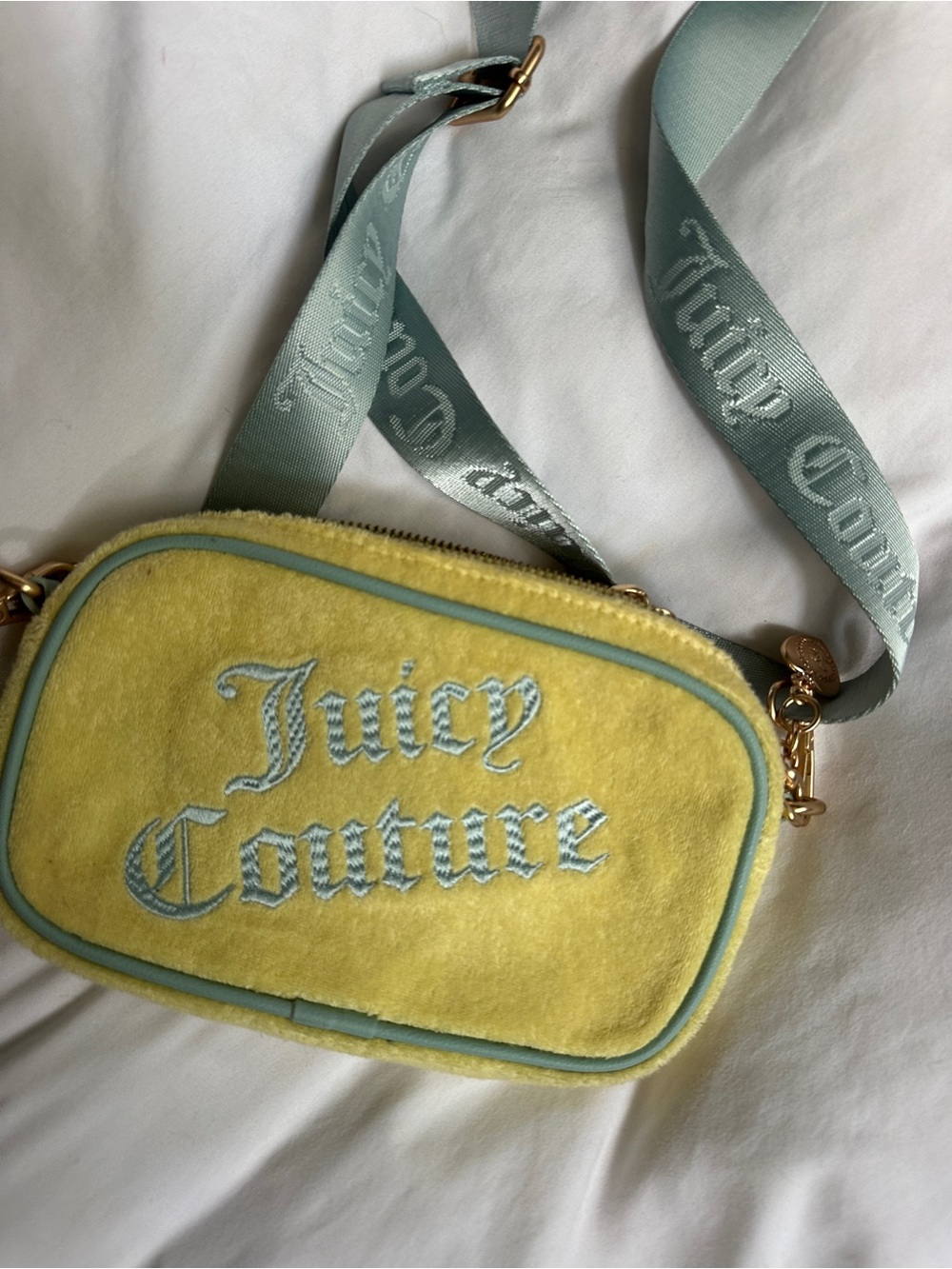 Juicy Couture Butter Yellow Terry Crossbody Bag with Light Blue Strap